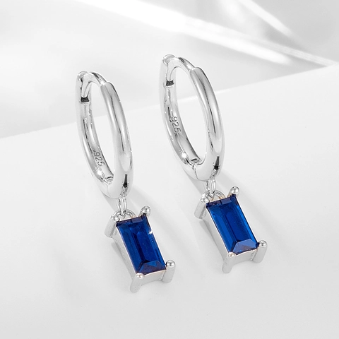 925 Sterling Silver Rectangular Blue Zirconia Geometric Huggie Drop Earrings Gold Silver Plated Fashion Jewelry For Women