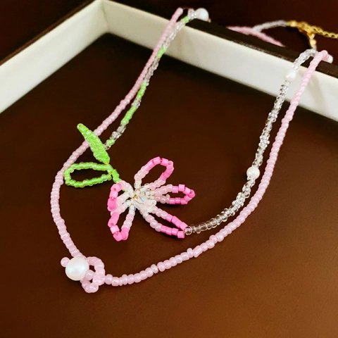 Sweet Hand Woven Flower Pendant Double Layer Seed Beads Faux Artificial Pearl Necklaces For Women Fresh Style Accessory