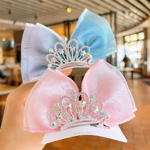 Barrettes Cheveux Filles Noeud Couronne Princesse Strass Organza Mesh Accessoires Cheveux Doux Enfants