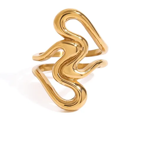 Irregulärer Wellenring Liquid Metal Design 18K Vergoldeter Edelstahl Hohles Herz Verstellbarer Trendiger Schmuck Für Damen