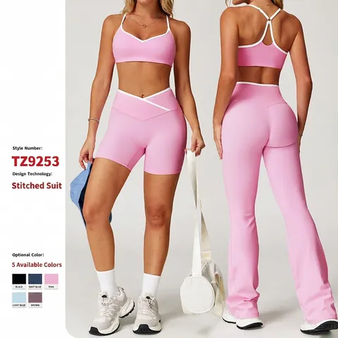 Damen Yoga Sport BH Und Leggings Shorts Schlaghose 9253 8843 Kreuzhohe Taille Kontrastbindung Fitness Fitnessstudio Kleidung Nylon Spandex