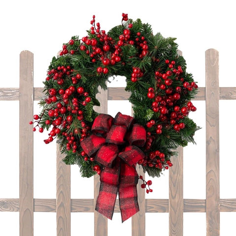 Corona De Navidad Con Bayas Rojas Agujas De Pino Artificiales Lazo De Cuadros Para Decoración De Puerta Y Pared Fiesta