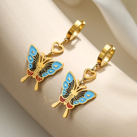 Schmetterling Herz Anhänger Creolen Edelstahl Emaille Vintage INS Stil Trendiger Schmuck Für Damen