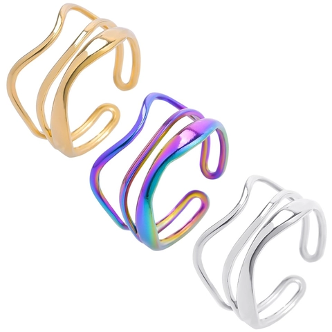 Minimalistische Meerlaagse Golvende Open Verstelbare Ring Roestvrij Staal Golvende Textuur Gepolijste Mode-sieraden