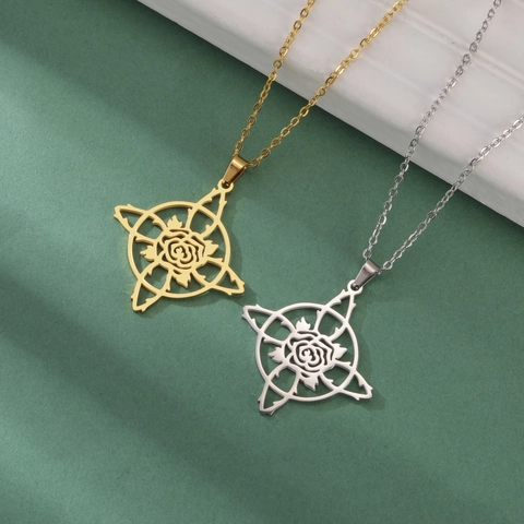 Stainless Steel Rose Pendant Necklace For Women Hollow Witch's Knot Floral Jewelry Gold Steel Herringbone Link Chain Gift