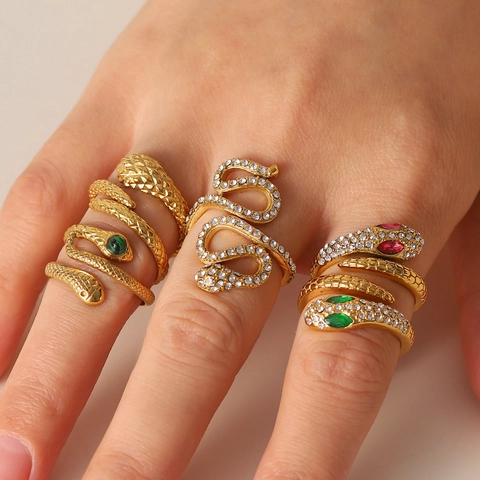 Retro Roestvrij Staal Slangvormige Open Ring Voor Vrouwen Hoge Kwaliteit Strass Ingelegde Vergulde Verstelbare Dierlijke Vinger Sieraden