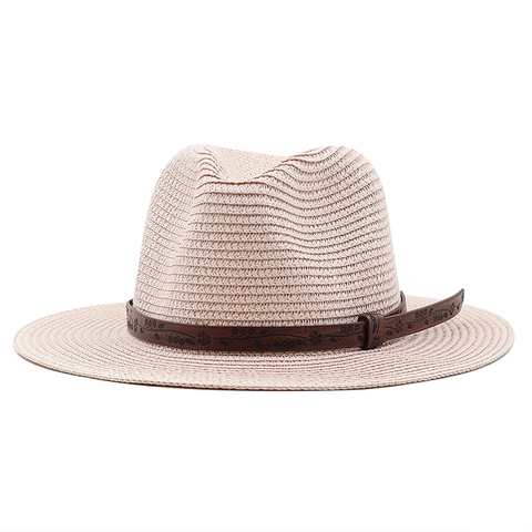 Sombrero Fedora De Paja Con Banda De Cuero Grabado Ala Ancha Protección Solar Transpirable Verano Playa Exterior Hombres Mujeres