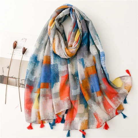 Women Abstract Mosaic Print Scarf Voile Polyester Shawl Wrap With Tassel Trim Lightweight Artistic Ethnic Style