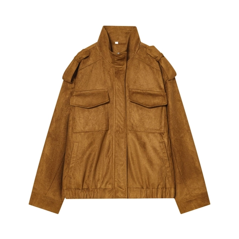 Women Faux Suede Jacket Cargo Style Multi Pockets Zip Up Stand Collar Elastic Hem Casual Streetwear Outerwear