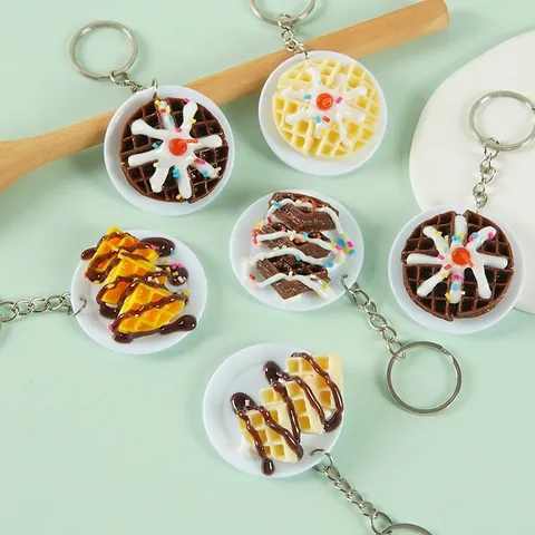 Realistic Waffle Food Model Keychain PVC Plastic Miniature Dessert Pendant For Bag Backpack Decoration Accessory