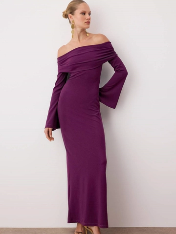 Off Shoulder Maxi Dress Ruched Knit Long Sleeve Slim Fit Back Slit Solid Color Elegant Evening Party Gown For Women