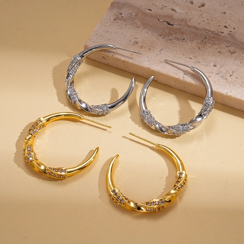 Twisted C-Shaped Hoop Earrings With Zircon Inlay 18K Gold Plated Copper With Silver Earring Post For Women Fashion
