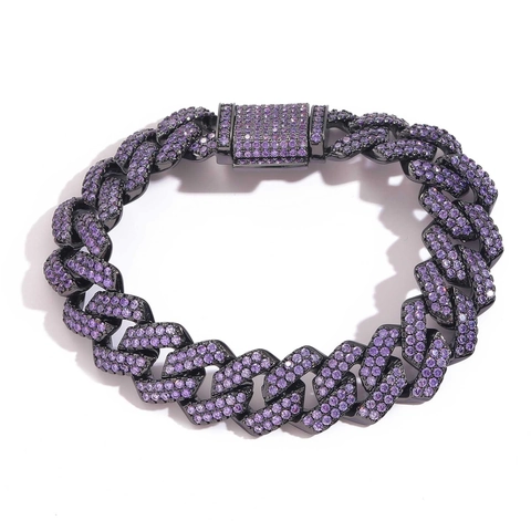 Bracciale Catena Cubana Uomo Hip Hop Rame Zircone Viola Gioielli Iced Out