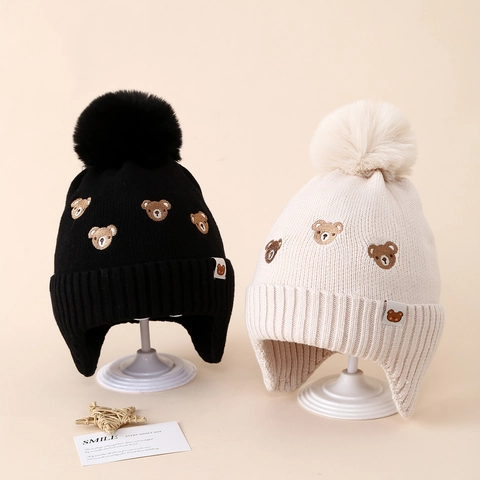 Kids Winter Knitted Earflap Hat Acrylic Warm Plush Lined Bear Embroidery Faux Fur Pom Pom Beanie