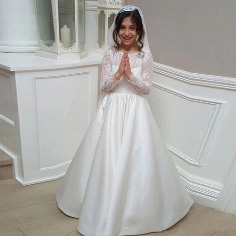 Vestido De Niña De Las Flores Encaje Manga Larga Satén Princesa Para Boda Primera Comunión Bautismo Formal Blanco Marfil