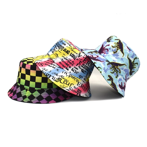 Bucket Hat Reversible Sun Protection Outdoor Casual Graffiti Letter Colorful Checkered Dinosaur Print Unisex Cotton Polyester