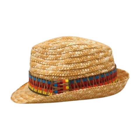 Straw Fedora Hat Natural Woven Sun Protection Beach Vacation Ethnic Colorful Band Bohemian Vintage Jazz