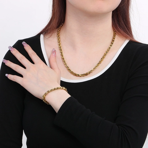 Set Di Gioielli Collana E Bracciale A Catena Bizantina In Acciaio Inossidabile Lucidato Moda Unisex