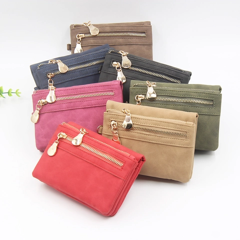 Women Short Wallet PU Leather Retro Foldable Zipper Card Holder Coin Purse With Leaf Charm Wristlet Strap