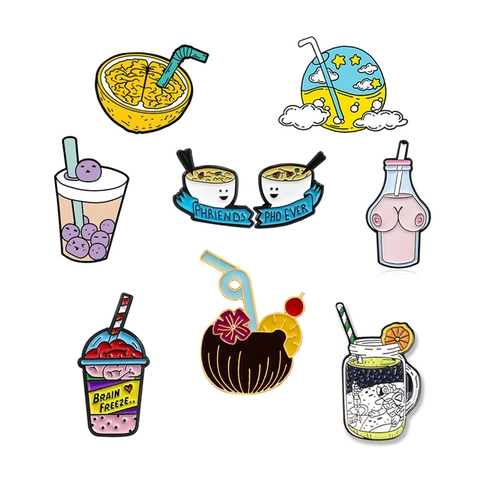 Spilla In Smalto Cartone Animato Pin Lega Bevanda Creativa Tè Al Latte Cervello Cocco Distintivo Metallo Zaino Abbigliamento