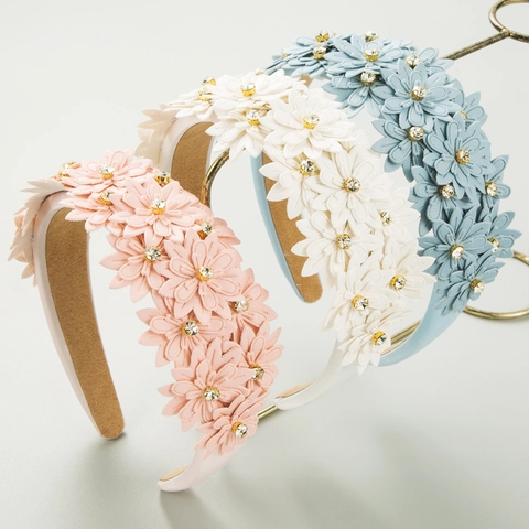 Diadema Acolchada De Flores De Cuero 3D Para Mujer Con Centro De Strass Banda Para El Cabello De Esponja Ancha Elegante Accesorio De Moda Coreana