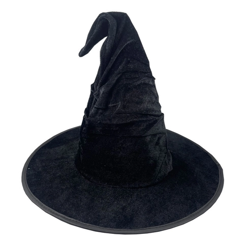 Halloween Black Velvet Witch Hat Pleated Wide Brim Pointed Wizard Hat For Cosplay Party Costume Accessories For Women
