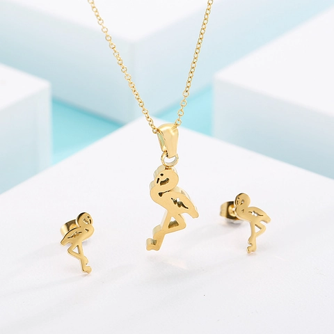 Flamingo Necklace And Stud Earrings Stainless Steel Animal Pendant Jewelry For Women Hollow Design Cute Minimalist Style