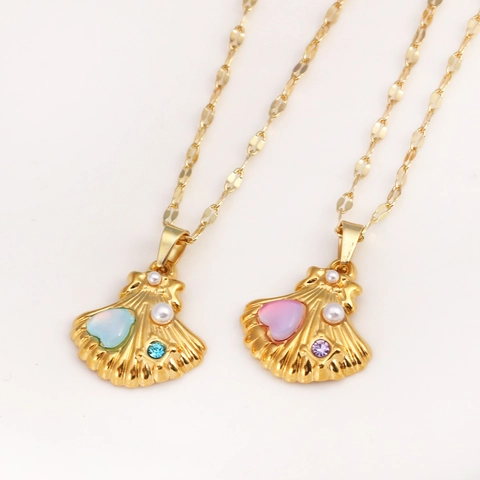 Collana Pendente Conchiglia Rame Placcato Oro Con Gemma Cuore Perla Artificial Stile Oceano Per Donna Gioielli Di Moda
