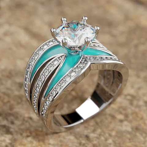 Luxury Wide Band Ring Women Round Cubic Zirconia Copper Enamel Six Claw Setting Fashion Jewelry