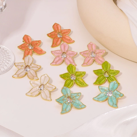 Flower Stud Earrings 18K Gold Plated Stainless Steel Colorful Enamel Zircon Waterproof Hypoallergenic Jewelry For Women