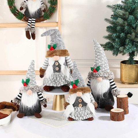 Christmas Gnome Plush Ornament Scandinavian Tomte Nisse Gray Knit Doll With White Beard Braids Winter Home Table Decor