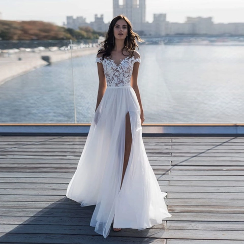 Hochzeitskleid Spitze Schulterfrei Hoher Schlitz Lange Schleppe Brautkleid Elegant Rückenfrei Mesh Für Damen Elfenbein