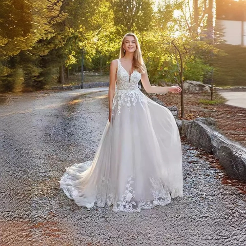 Elegant V Neck Lace Wedding Dress Backless Sleeveless Bridal Gown With Small Train Polyester Fabric For Women