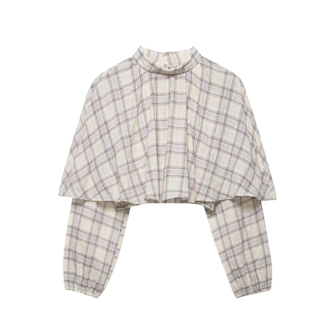 Plaid Checkered Long Sleeve Crop Top Polyester Layered Cape High Neck Stand Collar Streetwear Casual Blouse For Women