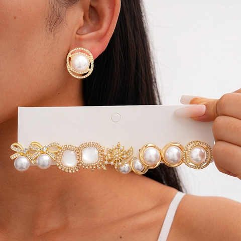 Pendientes Geométricos Aleación Estrás Imitación Perla Artificial Resina Con Poste De Plata Joyería De Lujo Vintage Para Mujeres