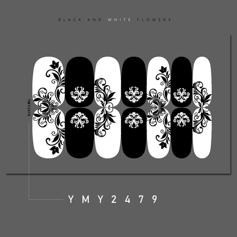 Schwarz Weiß Florale Nagelaufkleber Full Wrap Nail Art Decals Wasserdichte Geometrische Blumen DIY Maniküre Für Frauen
