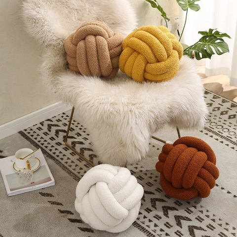 Knot Ball Throw Pillow Hand Woven Sherpa Plush Decorative Cushion Soft Round Pillow For Sofa Bedroom Living Room
