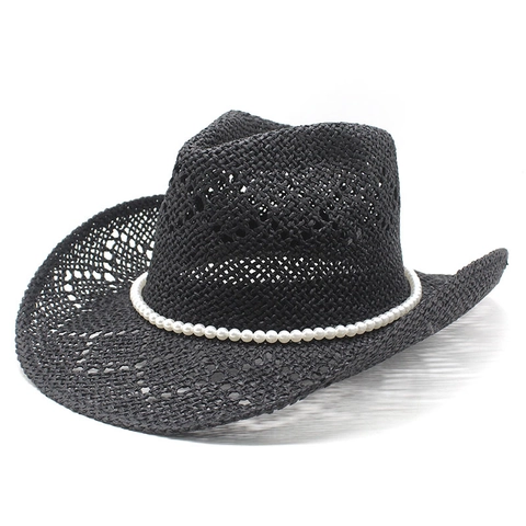 Sombrero De Vaquero De Paja De Papel Retro Con Cadena De Perlas Artificiales Ala Ancha Calado Verano Playa Protección Solar Para Mujeres