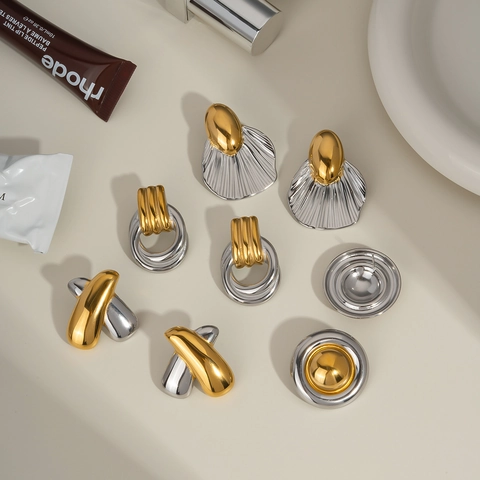 Luxury Two Tone Gold Silver Stainless Steel Stud Earrings Geometric Heart Star PVD Plated Waterproof Jewelry For Women