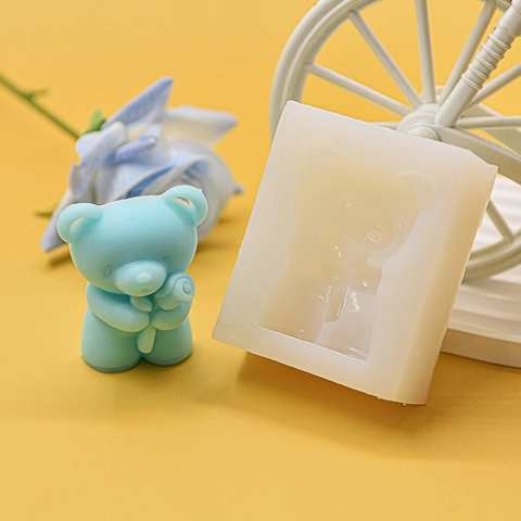 Bear Shape Silicone Mold With Rose Flower For Candle Soap Plaster Resin DIY Craft Making 3D Cartoon Animal Home Decor