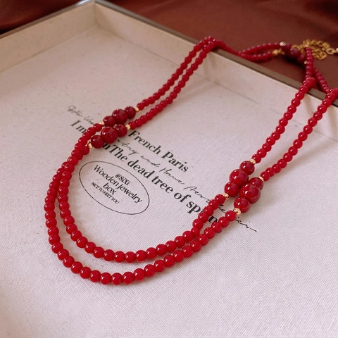 Collana A Doppio Strato Con Perline Rosse Vetro Rame Stile Vintage Francese Gioiello Elegante Donna Accessorio Versatile Di Alta Classe