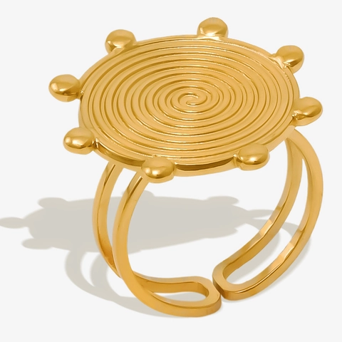 Spiral Swirl Round Disc Ring 304 Stainless Steel 18K Gold Plated Beaded Edge Bohemian Vintage Adjustable Jewelry Women