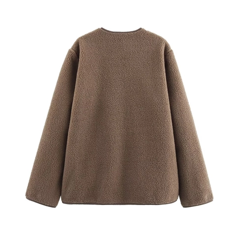 Women Lamb Fleece Jacket Short Single Breasted Faux Leather Pocket Trim Round Neck Solid Brown Casual Winter Outerwear