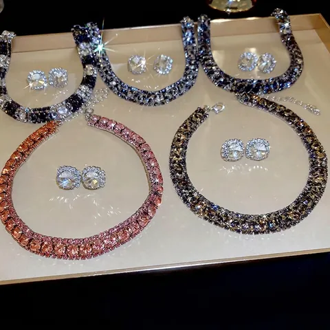 Damen Französisch Luxus Halskette Und Ohrringe Schmuck Mit Strass Kristallen Und 925 Sterling Silber Ohrstecker Hochzeit