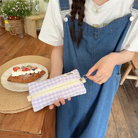 Gewatteerde Geruite Etui Grote Capaciteit Canvas Schrijfwaren Tasje Make-up Tas Koreaanse Stijl Voor School Studenten