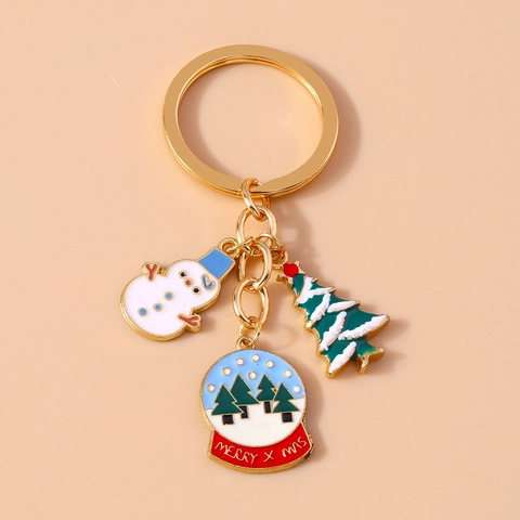 Christmas Snowman Tree Crystal Ball Enamel Keychain Gold Alloy Festive Holiday Bag Hanging Ornament Pendant