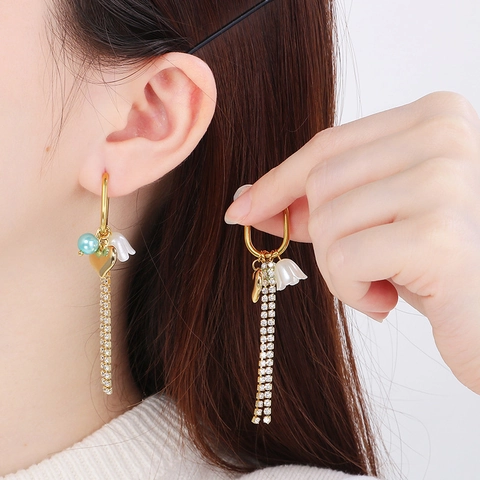 Stainless Steel Hoop Drop Earrings Heart Enamel Faux Artificial Pearl Beaded Zircon Tassel Romantic Dopamine Fashion Jewelry Women