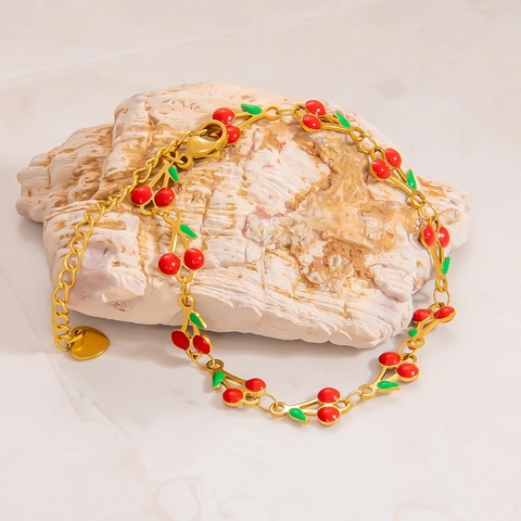 Bracelet À Charmes Cerise Plaqué Or 18K Acier Inoxydable Émail Bijoux Fruits Bohème Mode Cadeau Pour Femmes