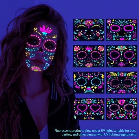 Fluoreszierende Gesicht Tattoo Aufkleber UV Glow Neon Temporäre Halloween Tag Der Toten Totenkopf Floral Wasserfest Sortiert
