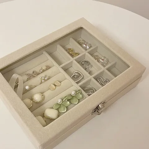Large Capacity Velvet Jewelry Box Organizer Earring Ring Storage Case With Glass Window Metal Clasp For Women Jewelry Box
